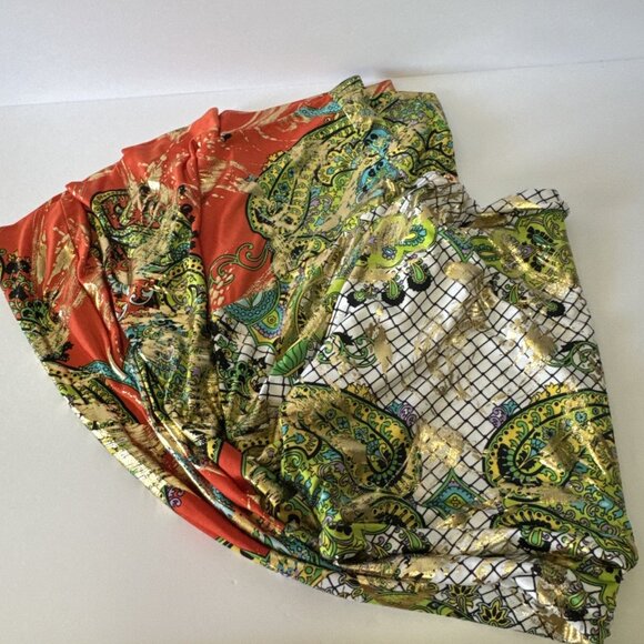 Women’s Flowy Palazzo Pants Sz L Multicolor And Gold Shiny Pull on Metallic - Picture 12 of 12